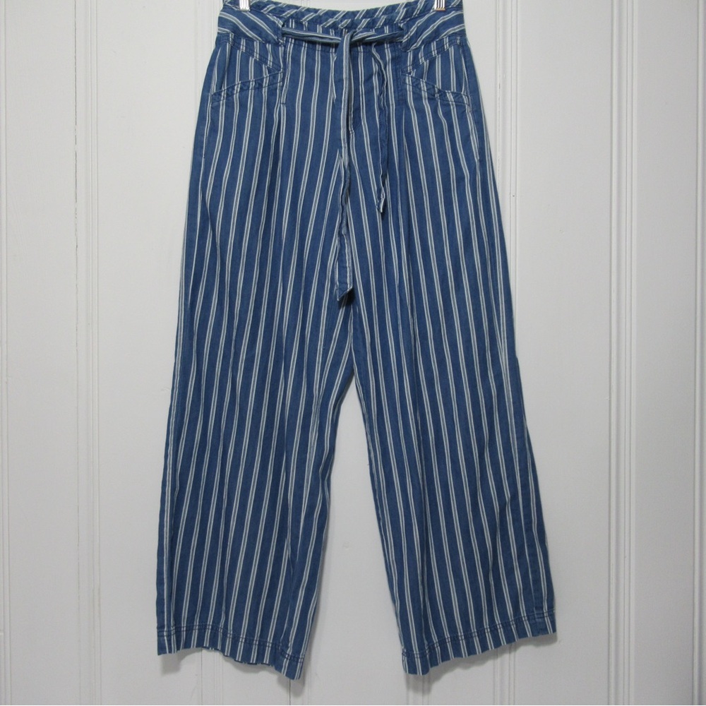 American Eagle Blue and White Striped Belted Wide Leg Pants Size 4